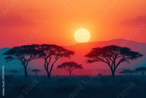 Silhouetted Trees Against a Vibrant Sunset in the African Savanna