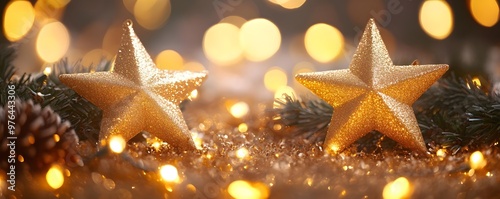 Golden Christmas Stars with Bokeh Lights