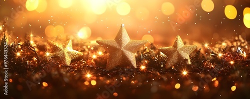 Golden Christmas Stars with Festive Lights and Bokeh