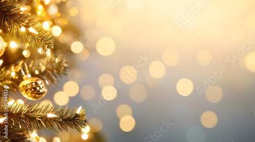 Golden Christmas Tree Branch with Lights and Bokeh Background