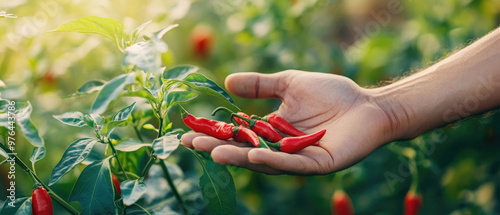 A hand is holding a bunch of red peppers. The peppers are in a garden and the hand is reaching for them