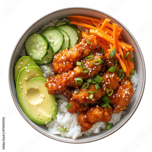 A Bowl of Delicious Korean Gochujang Fried Chicken Bowl with Avocado, Carrots and Green Onions Isolated on a Transparent Background