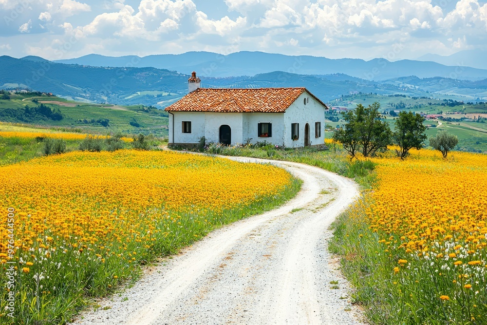 White Farmhouse on a Hilltop with a Winding Dirt Road Leading Through a Field of Yellow Flowers White Farmhouse on a Hilltop with a Winding Dirt Road Leading Through a Field of Yellow Flowers