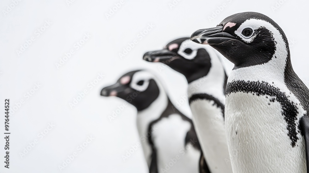 Obraz premium Three penguins standing in row against plain background