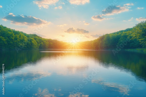 Sunset Over a Calm Lake Surrounded by Lush Green Trees