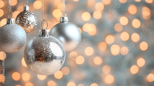 Silver Christmas Ornaments with Bokeh Lights