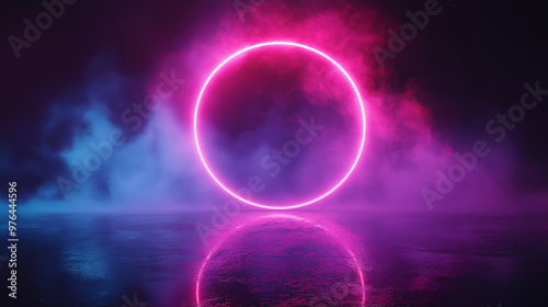 Abstract Neon Circle with Pink and Blue Smoke Reflection, Futuristic Glowing Light Concept