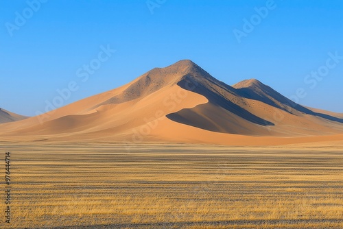 Expansive Sand Dunes and Dry Grassland Under a Clear Blue Sky photo