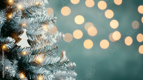 Silver Christmas Tree with Lights and Bokeh Background