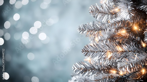 Silver Christmas Tree with Warm Lights Bokeh Background