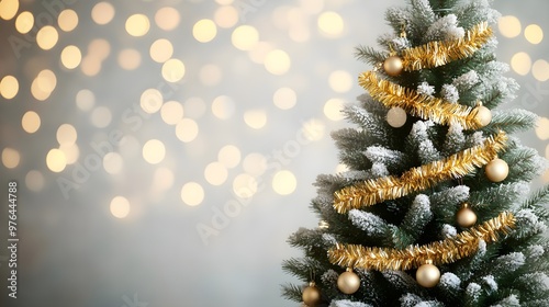 Snowy Christmas Tree with Golden Ornaments and Lights