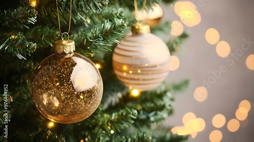 Sparkling Gold Christmas Ornament on Green Tree