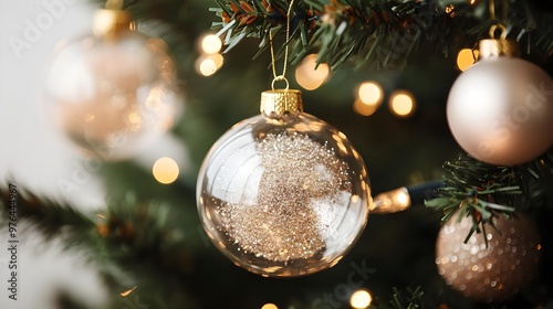 Sparkling Gold Christmas Ornament on Tree Branch