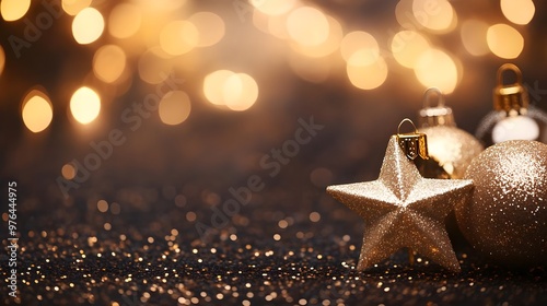 Sparkling Gold Christmas Ornaments on Glitter Background