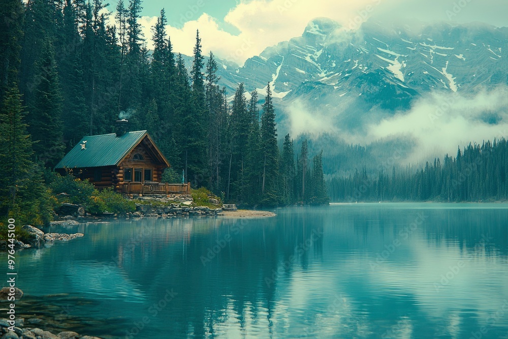 Fototapeta premium A Rustic Cabin Nestled in a Misty Mountain Valley Lake
