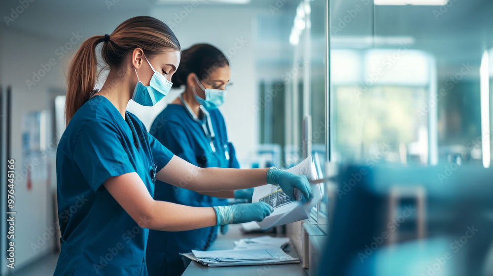 Obraz premium Two nurses are at the nursing station in a calm environment without patients.