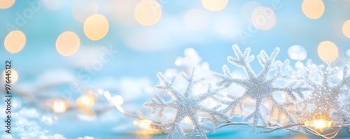Sparkling Snowflakes & Lights on Blue Background