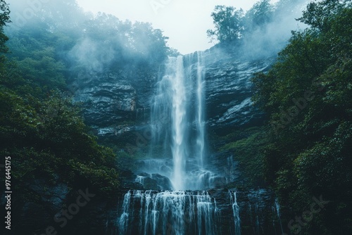 Tall waterfall cascading down rocky cliffs amidst a misty forest.