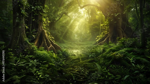 Fototapeta Naklejka Na Ścianę i Meble -  Mysterious Lush Forest with Ancient Trees and Sunlight Filtering Through Canopy – Serene Nature Landscape