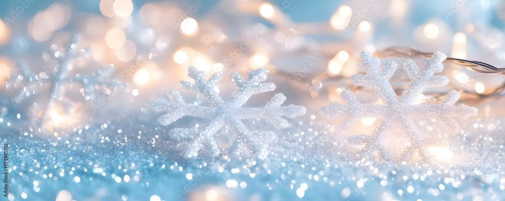Sparkling Snowflakes with Bokeh Lights Festive Background Sparkling Snowflakes with Bokeh Lights Festive Background