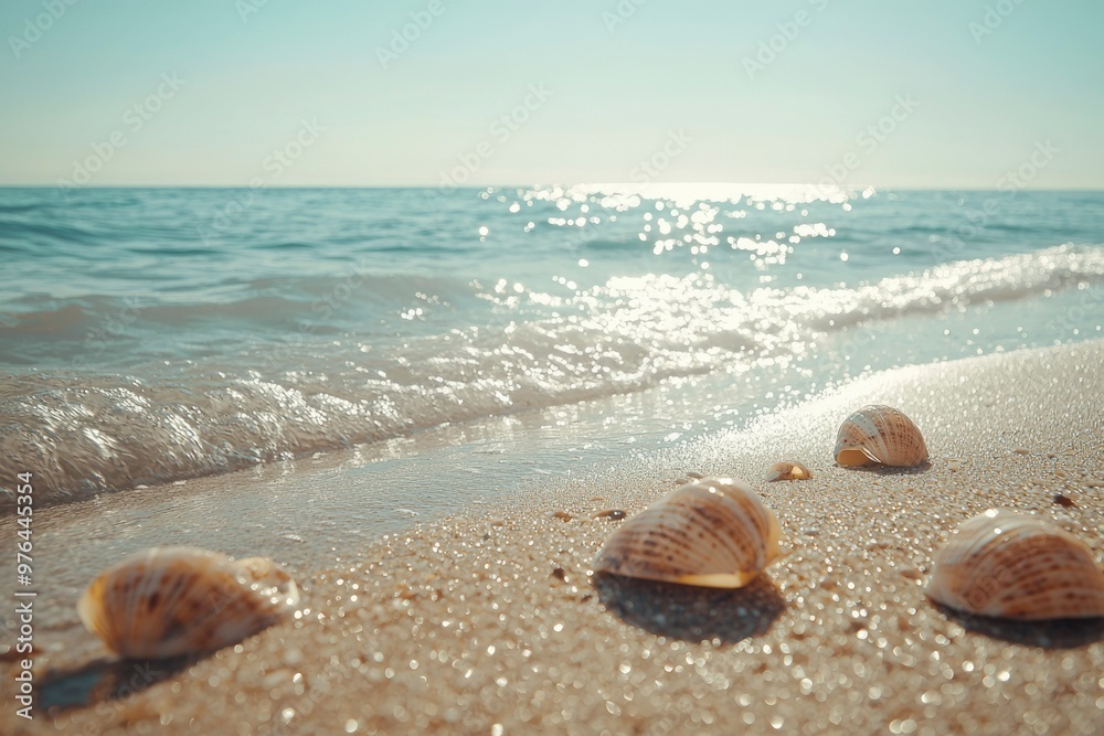 Seashells on a Sandy Beach with Sparkling Water Seashells on a Sandy Beach with Sparkling Water