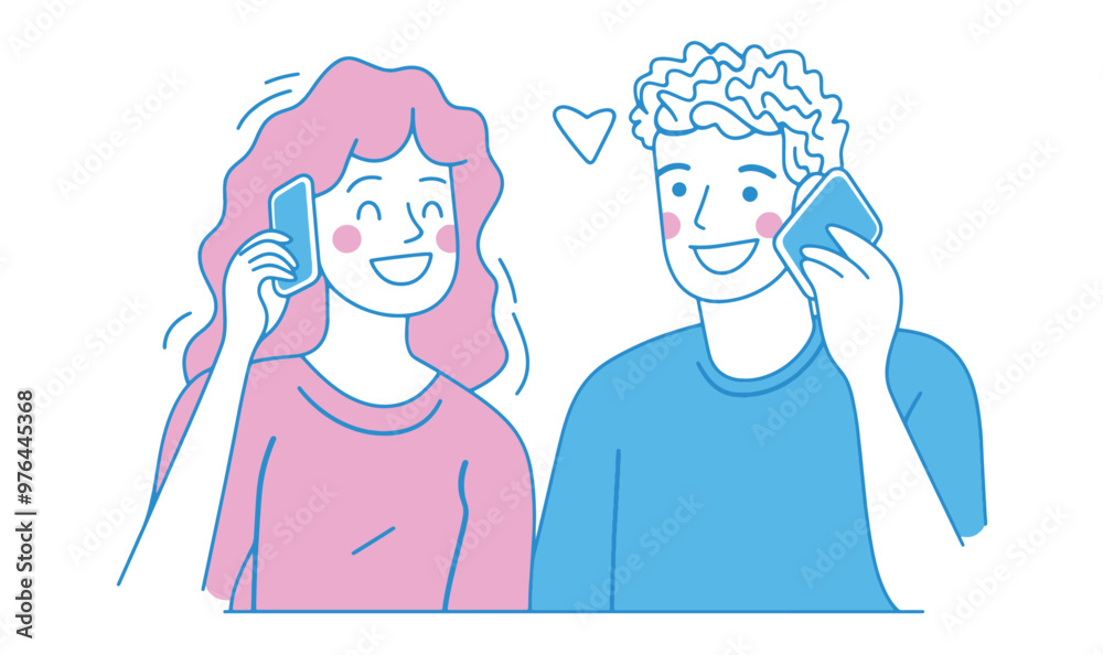 A simple line art illustration of a man and woman happily talking on their phones, with a heart between them. A simple line art illustration of a man and woman happily talking on their phones, with a heart between them.