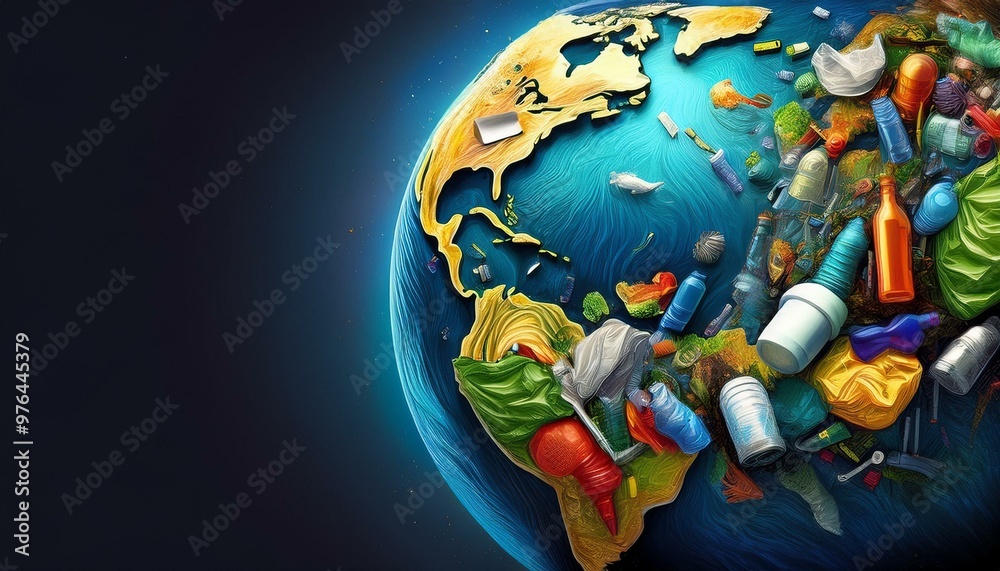 Earth from space with various plastic waste on the one side for earth day celebration Earth from space with various plastic waste on the one side for earth day celebration