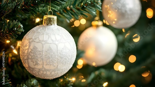 Sparkling White Ornament on Christmas Tree with Bokeh Lights
