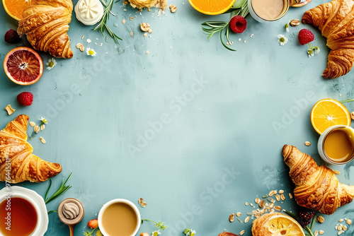 breakfast spread, featuring croissants, coffee cups, and fresh fruits on the left side of the frame, leaving space for text in the center. The background is a soft blue color with subtle textures that