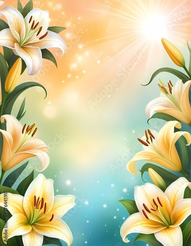 Delicate white yellow orange lilies stretch their petals wide, framed by a luminous blue-green backdrop, with soft bokeh highlights and a warm sunbeam creating an enchanting atmosphere. Generative AI