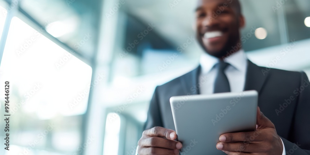 A businessman, smiling warmly, holds a tablet in a modern office lobby, highlighting digital innovation, professionalism, and optimism in a corporate atmosphere. A businessman, smiling warmly, holds a tablet in a modern office lobby, highlighting digital innovation, professionalism, and optimism in a corporate atmosphere.