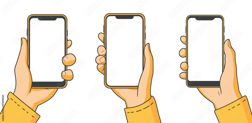 A set of icons showing hands holding smartphones with yellow screens.