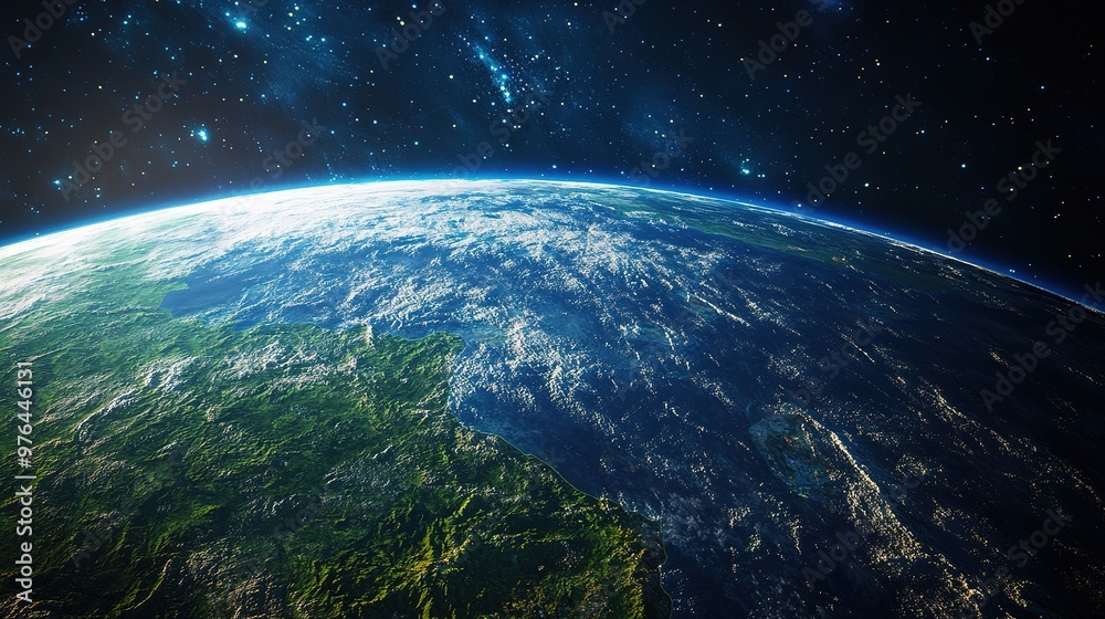 Fototapeta premium Earth glowing in space, with its ecosystems thriving, framed by distant galaxies