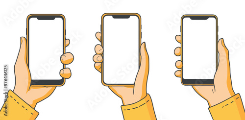 Obraz na płótnie A set of icons showing hands holding smartphones with yellow screens. w salonie