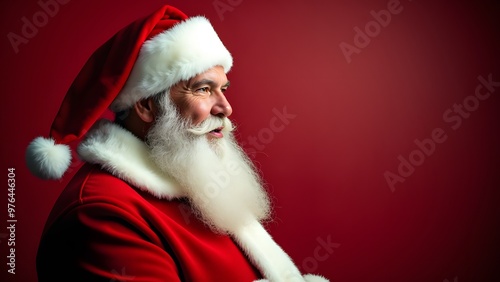 Portrait of Santa Claus in a red suit, with a white beard, against a red background