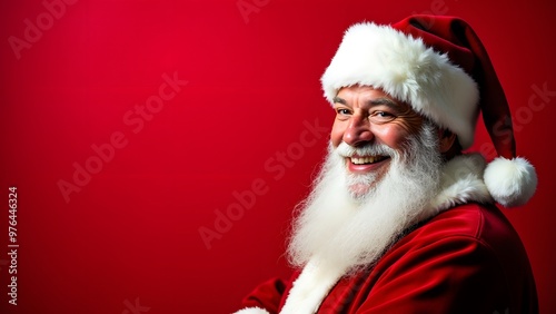 Portrait of Santa Claus in a red suit, with a white beard, against a red background