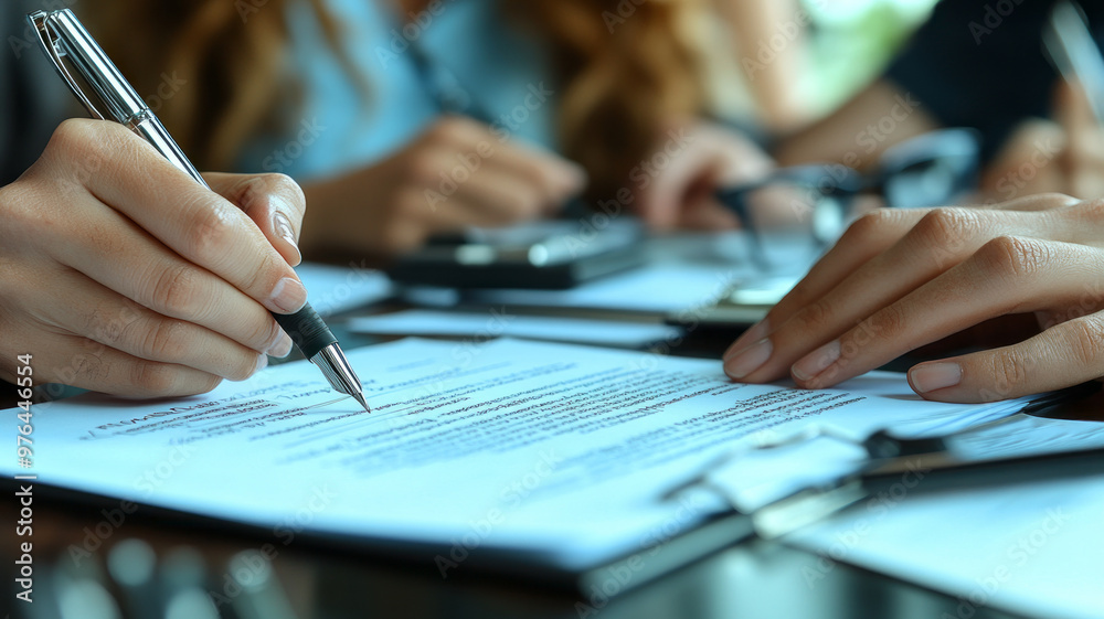 Fototapeta premium A focused team collaborates on paperwork, signing documents in a professional setting.