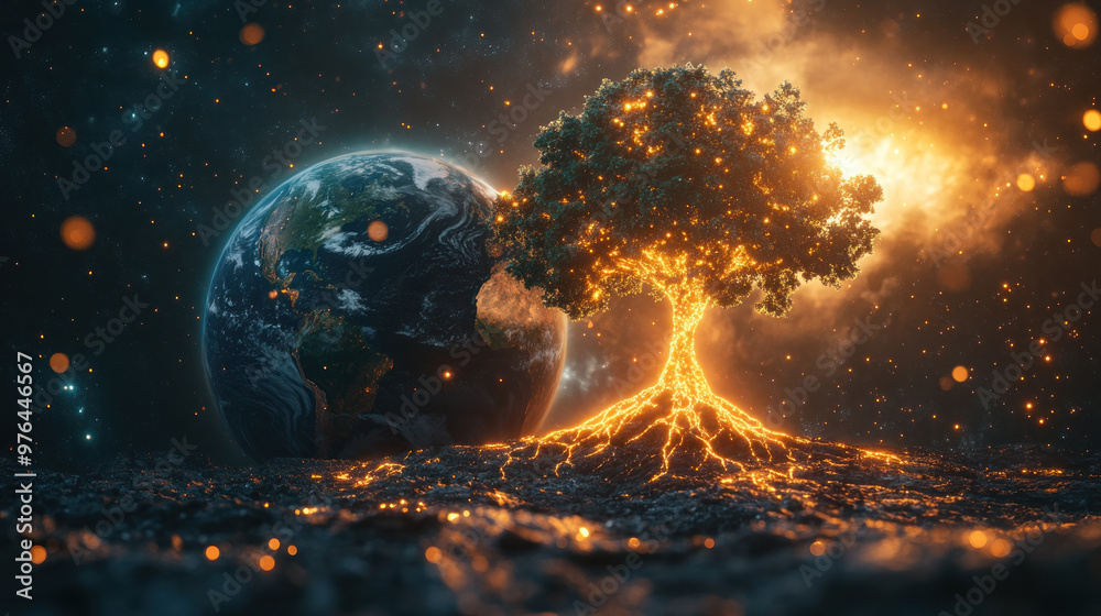 A glowing tree with visible roots stands on cosmic landscape, symbolizing life. A glowing tree with visible roots stands on cosmic landscape, symbolizing life.