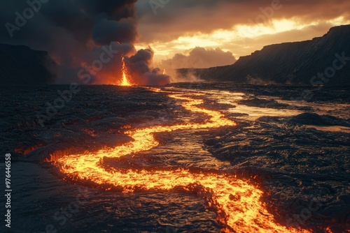 A fiery river of molten lava flows across a barren landscape, illuminated by the warm glow of the setting sun.