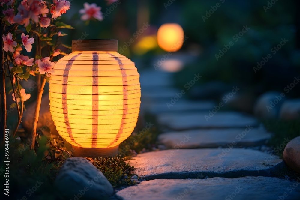 Fototapeta premium Illuminated Paper Lantern on Stone Path with Pink Flowers