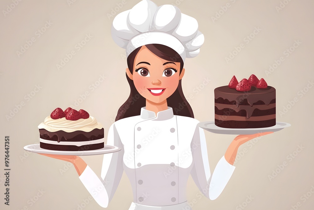 Smiling Female Chef Holding Two Delicious Cakes with Strawberries Smiling Female Chef Holding Two Delicious Cakes with Strawberries