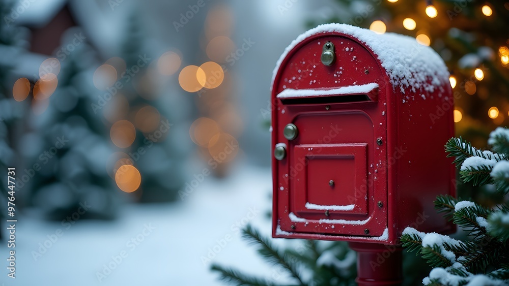 Red mailboxes with snow and Christmas decorations on a festive, snowy street Red mailboxes with snow and Christmas decorations on a festive, snowy street