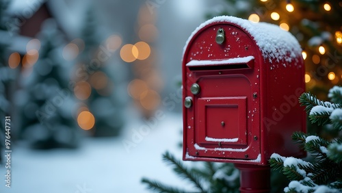 Red mailboxes with snow and Christmas decorations on a festive, snowy street