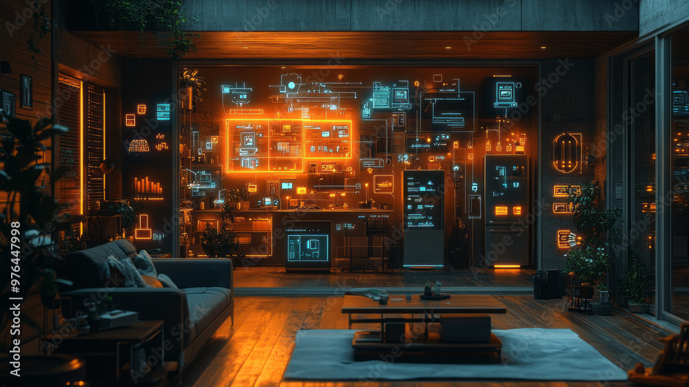 A homeowner shops online via a smart tablet, surrounded by connected devices.