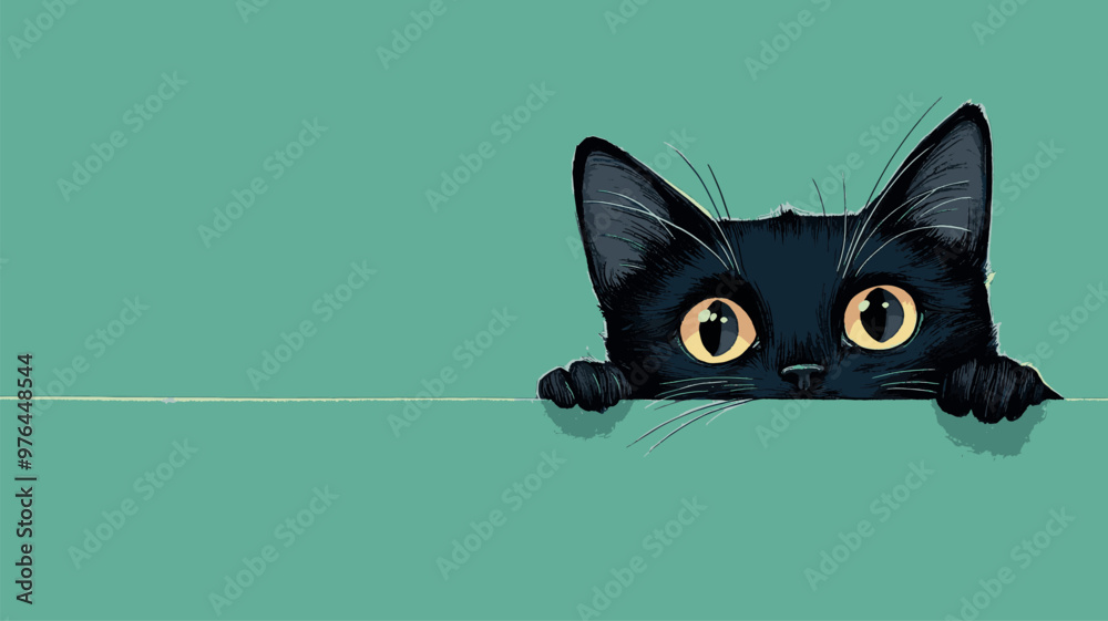 A cute black cat peeking over the edge of a green surface with big, curious eyes.
