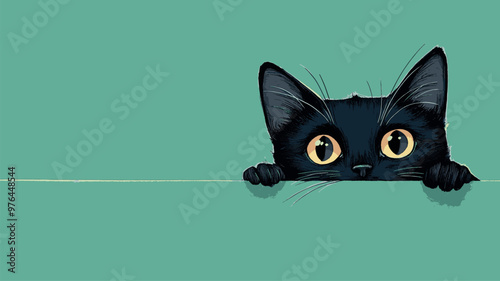 A cute black cat peeking over the edge of a green surface with big, curious eyes.