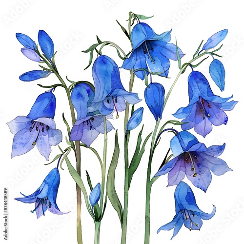 Watercolor Bluebell Isolated on White Background. Beautiful Bluebell Flower