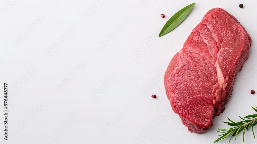 custom made wallpaper toronto digital Single raw beef steak with fresh herbs and spices on white background. Flat lay food concept with copy space for culinary advertising, recipe design, restaurant banners, and food marketing