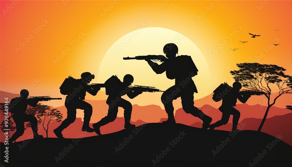 Realistic illustration with scene of soldiers silhouettes in action Realistic illustration with scene of soldiers silhouettes in action