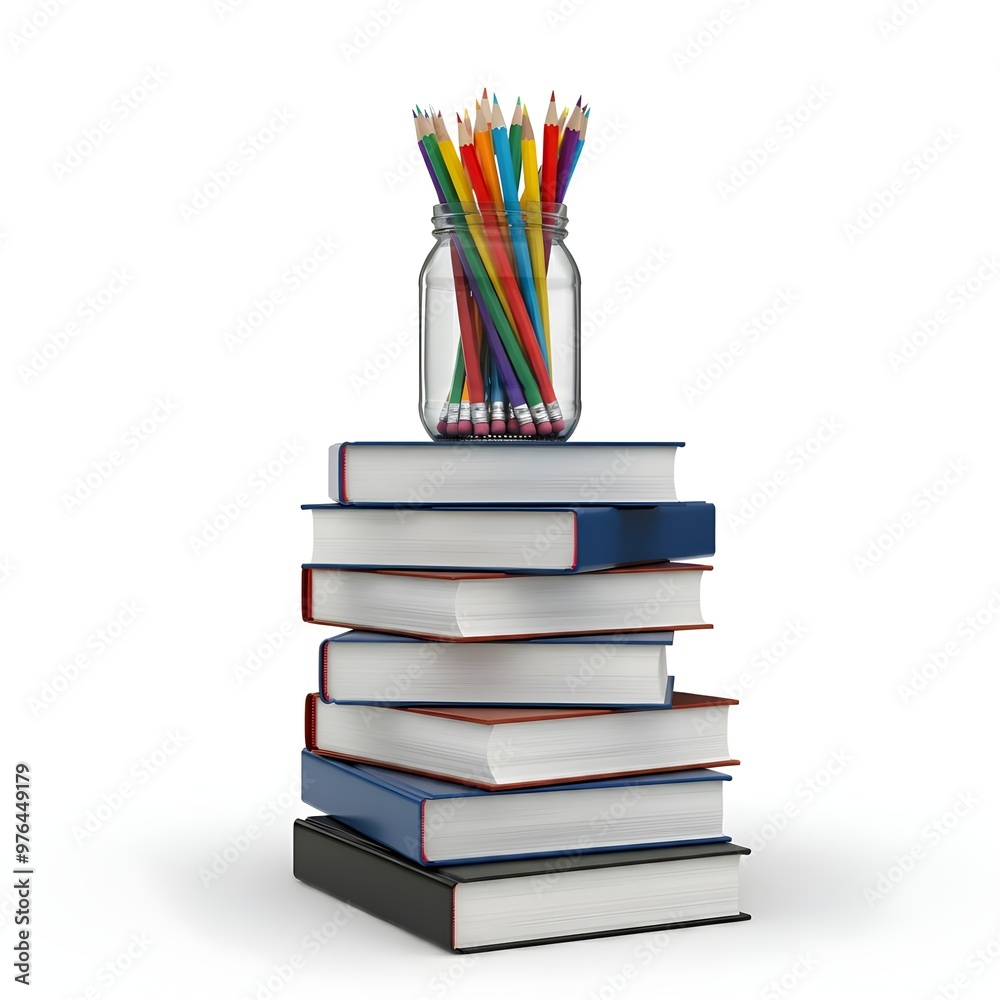 stack of books and pencils on white background. stack of books and pencils on white background.